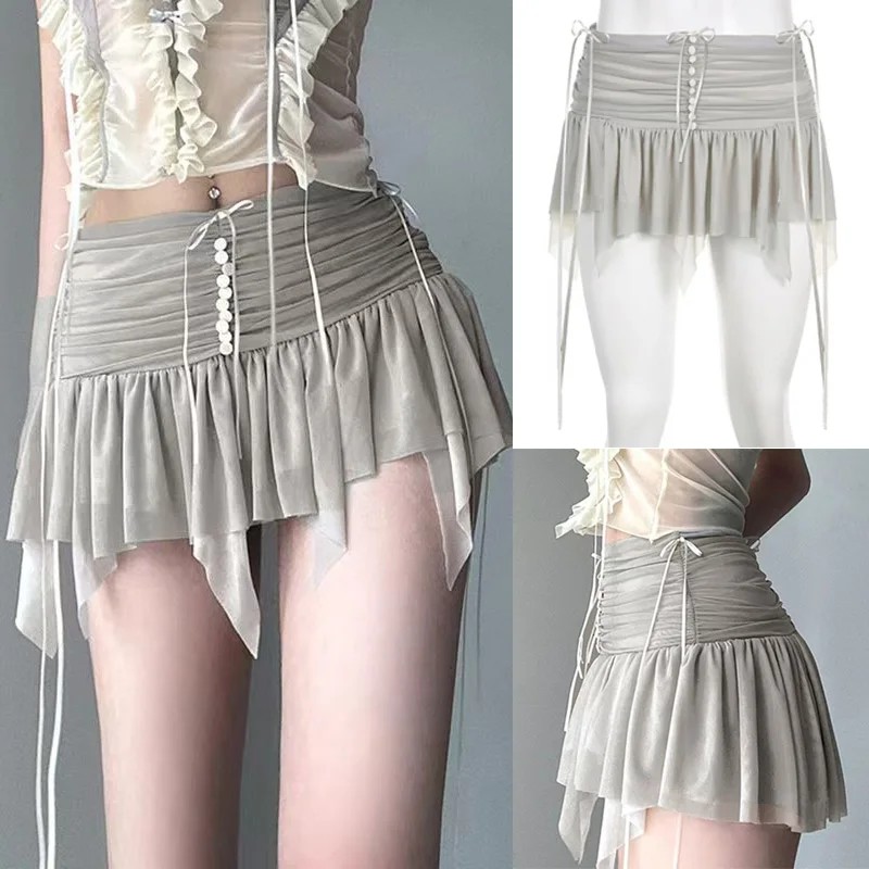Folds Transparent Mesh Mini Skirt Y2k Irregular Low Rise Patchwork Pleated Skirts for Women Vintage 90s Clothing Lad